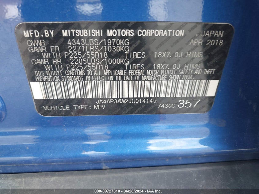 2018 Mitsubishi Outlander Sport Es/Se VIN: JA4AP3AW2JU014149 Lot: 39727310