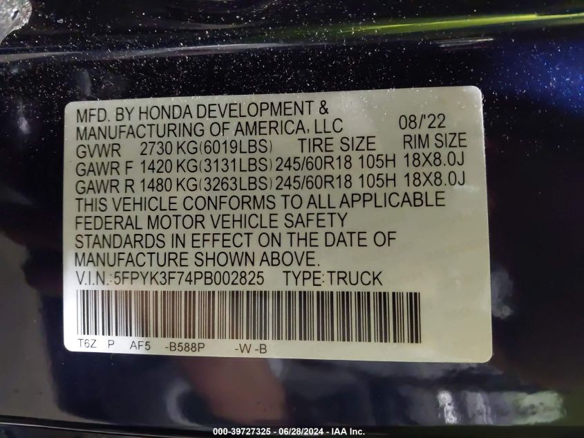 2023 Honda Ridgeline Rtl-E VIN: 5FPYK3F74PB002825 Lot: 39727325