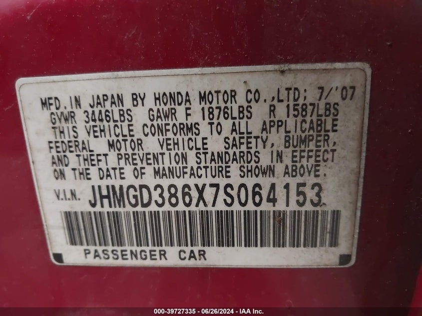 2007 Honda Fit S VIN: JHMGD386X7S064153 Lot: 39727335