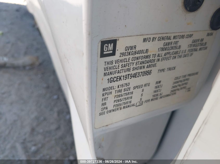 2004 Chevrolet Silverado 1500 K1500 VIN: 1GCEK19T94E370956 Lot: 39727336