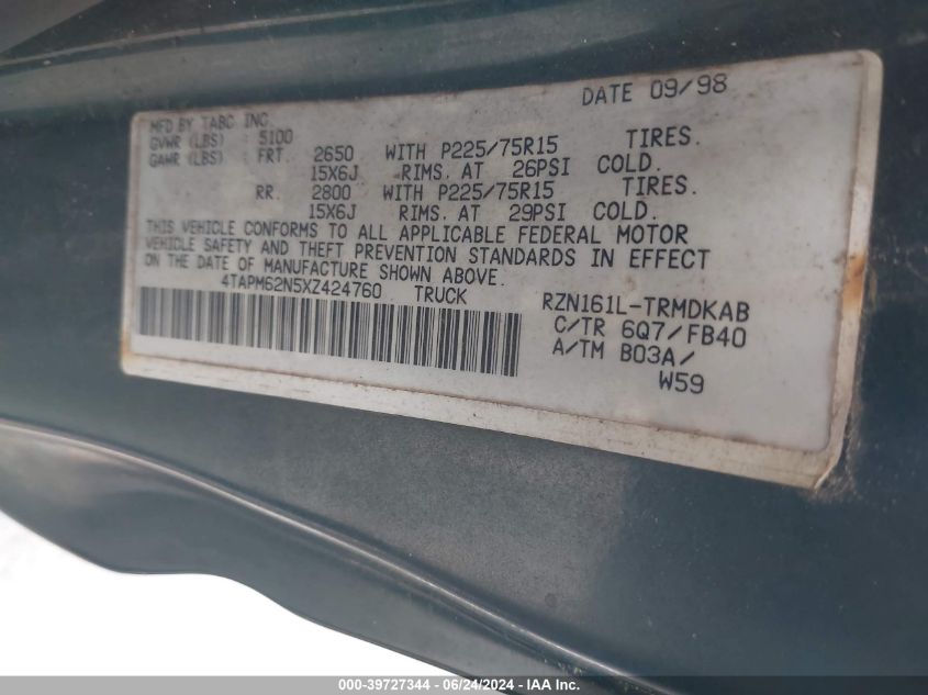 1999 Toyota Tacoma VIN: 4TAPM62N5XZ424760 Lot: 39727344