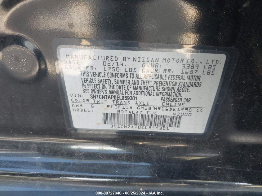 2014 Nissan Versa S/S Plus/Sv/Sl VIN: 3N1CN7AP0EL859301 Lot: 39727346