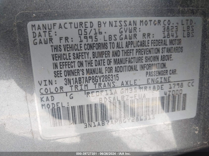 2016 Nissan Sentra S VIN: 3N1AB7AP8GY286315 Lot: 39727351