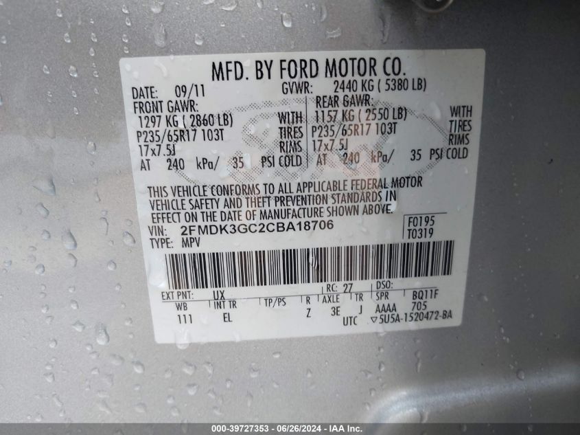 2012 Ford Edge Se VIN: 2FMDK3GC2CBA18706 Lot: 39727353