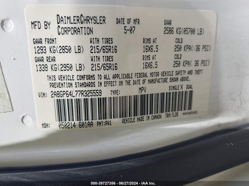 2007 Chrysler Town & Country Limited VIN: 2A8GP64L77R325559 Lot: 39727356