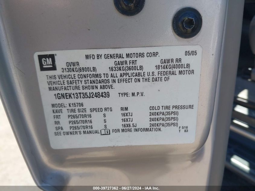 2005 Chevrolet Tahoe Ls VIN: 1GNEK13T35J248439 Lot: 39727362
