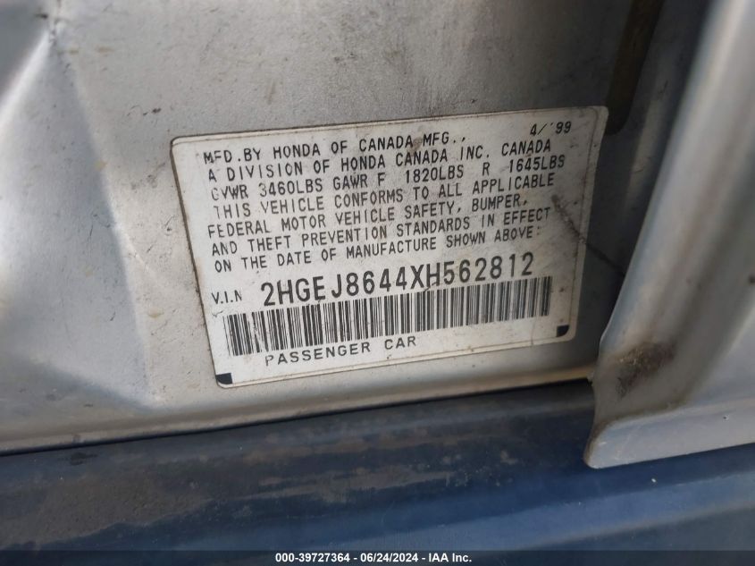 1999 Honda Civic Ex VIN: 2HGEJ8644XH562812 Lot: 39727364