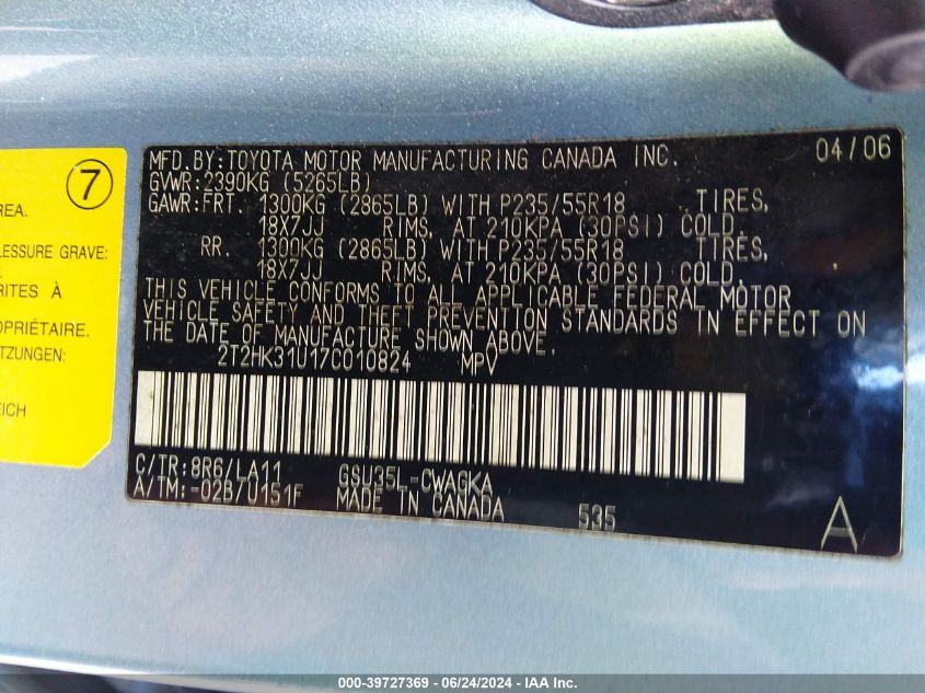 2007 Lexus Rx 350 VIN: 2T2HK31U17C010824 Lot: 39727369