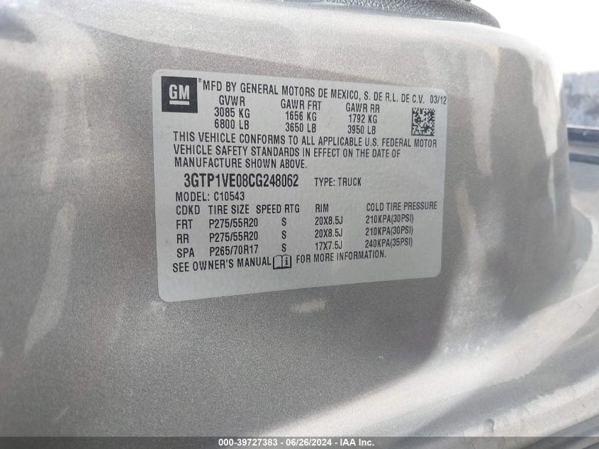 2012 GMC Sierra 1500 Sle VIN: 3GTP1VE08CG248062 Lot: 39727383