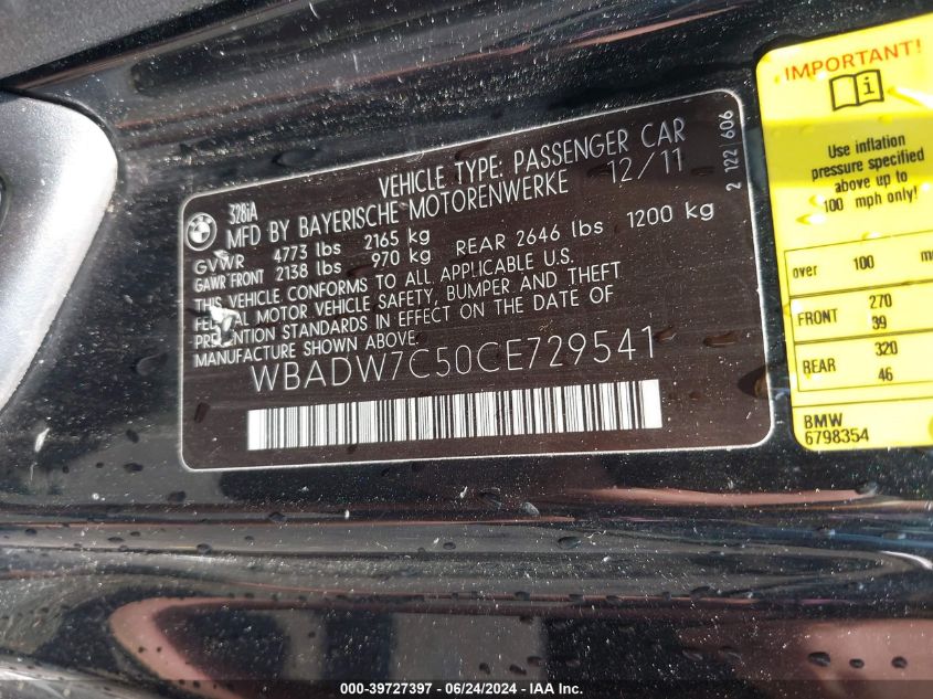 2012 BMW 328I VIN: WBADW7C50CE729541 Lot: 39727397