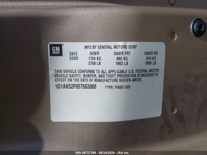 2005 Chevrolet Cobalt VIN: 1G1AK52F857563088 Lot: 39727399