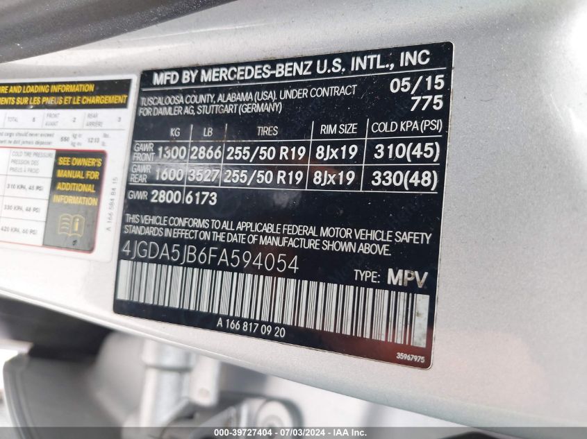 2015 Mercedes-Benz Ml 350 VIN: 4JGDA5JB6FA594054 Lot: 39727404