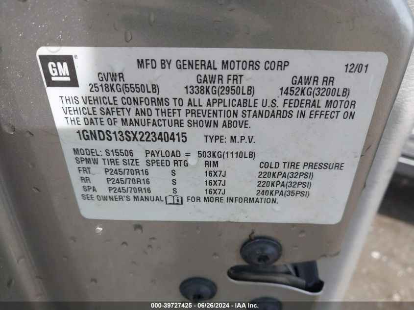 2002 Chevrolet Trailblazer Ls VIN: 1GNDS13SX22340415 Lot: 39727425