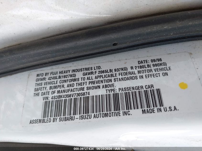 1997 Subaru Legacy L VIN: 4S3BK4356V7305874 Lot: 39727434
