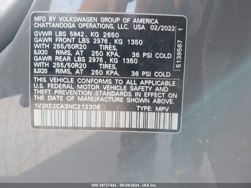 2022 VOLKSWAGEN ATLAS CROSS SPORT 3.6L V-6 DI, DOHC, V(VIN: 1V2KE2CA3NC212308