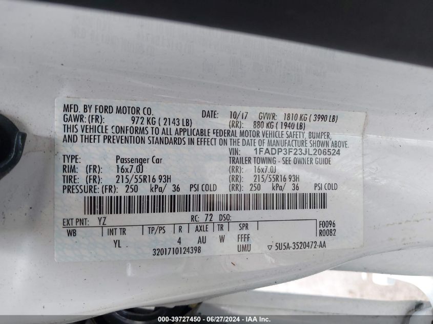 2018 Ford Focus Se VIN: 1FADP3F23JL206524 Lot: 39727450
