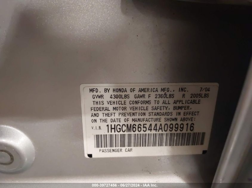 2004 Honda Accord Ex VIN: 1HGCM66544A099916 Lot: 39727456