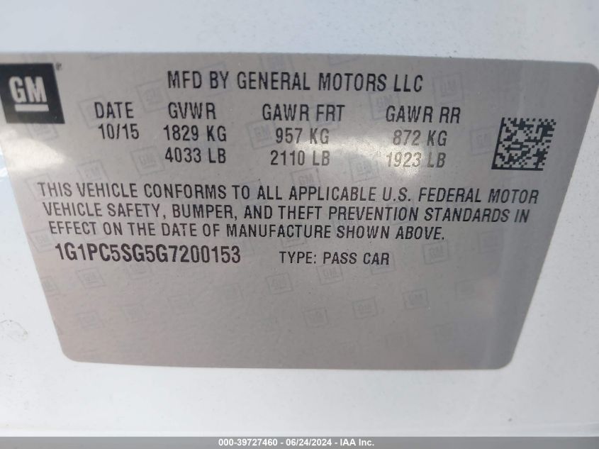 2016 Chevrolet Cruze Limited Ls Auto VIN: 1G1PC5SG5G7200153 Lot: 39727460
