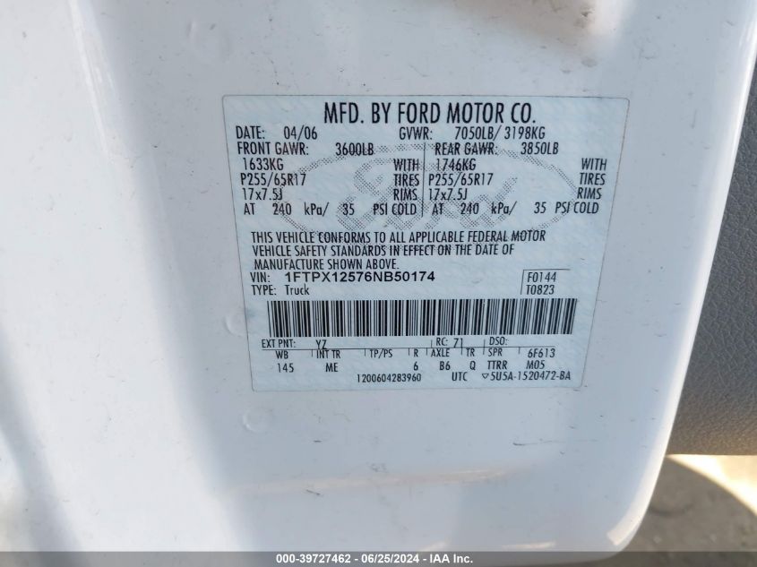 2006 Ford F-150 Lariat/Xl/Xlt VIN: 1FTPX12576NB50174 Lot: 39727462