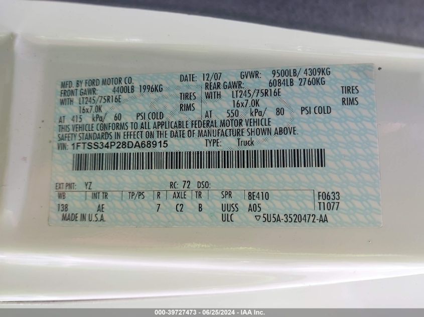 2008 Ford E-350 Super Duty Commercial VIN: 1FTSS34P28DA68915 Lot: 39727473