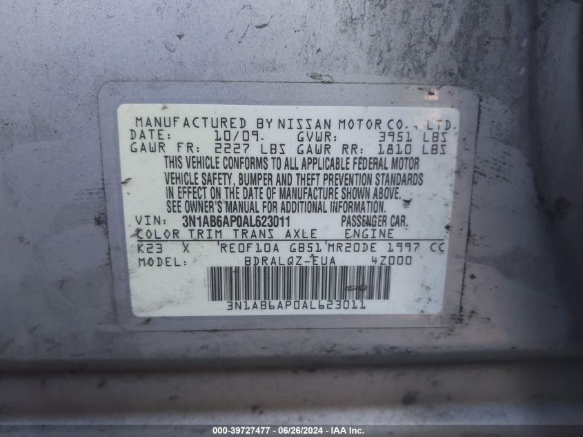 2010 Nissan Sentra 2.0 VIN: 3N1AB6AP0AL623011 Lot: 39727477