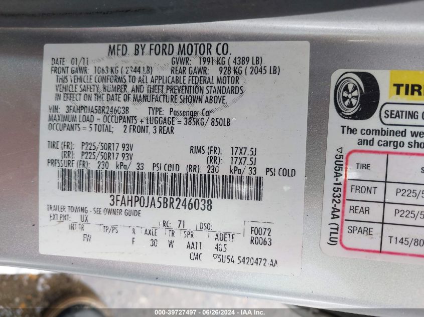 2011 Ford Fusion Sel VIN: 3FAHP0JA5BR246038 Lot: 39727497