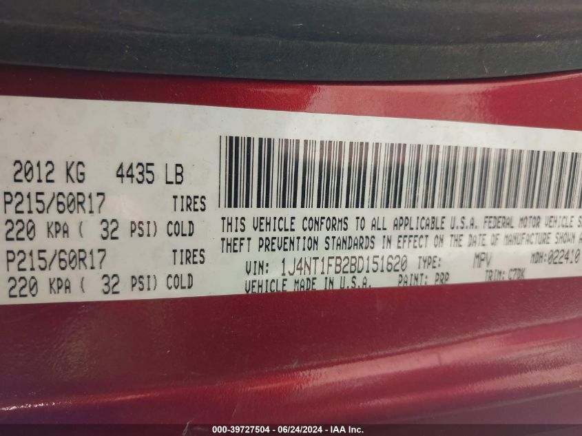 2011 Jeep Compass VIN: 1J4NT1FB2BD151620 Lot: 39727504