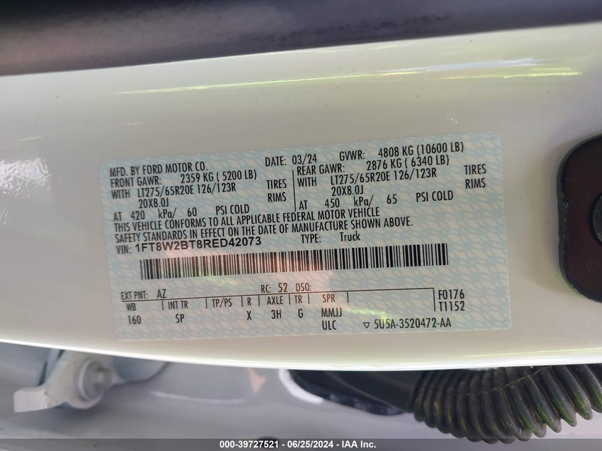 2024 Ford F-250 King Ranch VIN: 1FT8W2BT8RED42073 Lot: 39727521