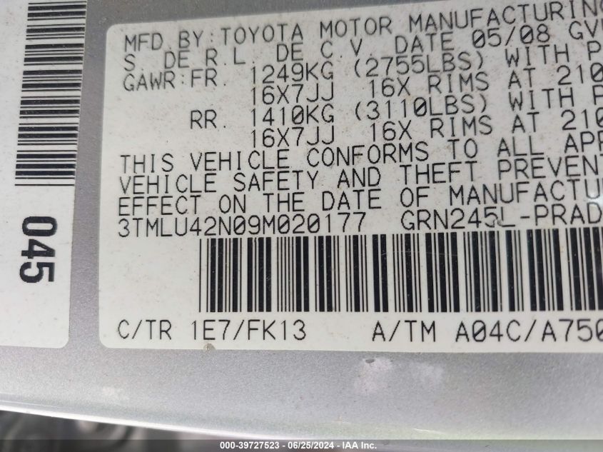 2009 Toyota Tacoma Base V6 VIN: 3TMLU42N09M020177 Lot: 39727523