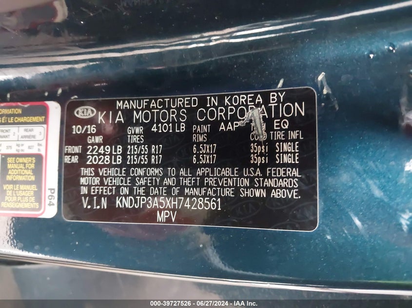 2017 Kia Soul + VIN: KNDJP3A5XH7428561 Lot: 39727526