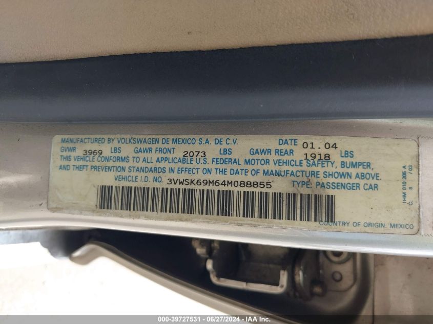 2004 Volkswagen Jetta Gls 2.0L VIN: 3VWSK69M64M088855 Lot: 39727531
