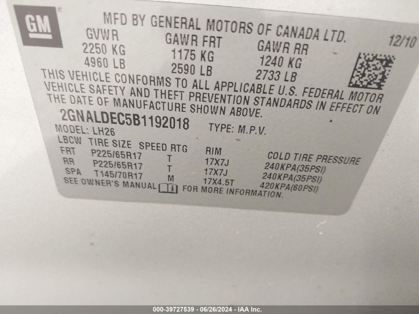 2011 Chevrolet Equinox Lt VIN: 2GNALDEC5B1192018 Lot: 39727539