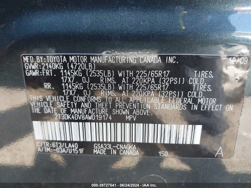 2010 Toyota Rav4 Limited V6 VIN: 2T3DK4DV8AW019174 Lot: 39727541