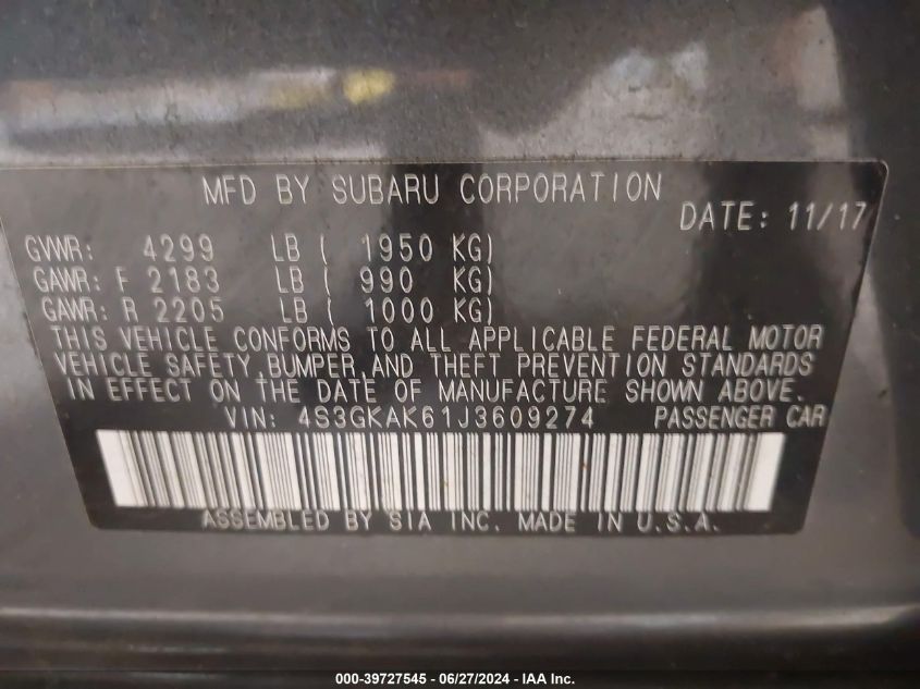 2018 Subaru Impreza 2.0I Sport VIN: 4S3GKAK61J3609274 Lot: 39727545