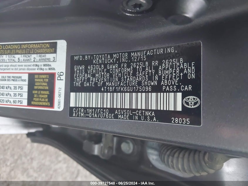 2016 Toyota Camry Le/Xle/Se/Xse VIN: 4T1BF1FK6GU175096 Lot: 39727548