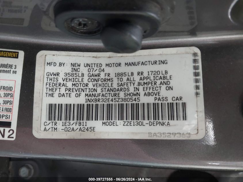 2005 Toyota Corolla Ce/Le/S VIN: 1NXBR32E45Z380545 Lot: 39727555