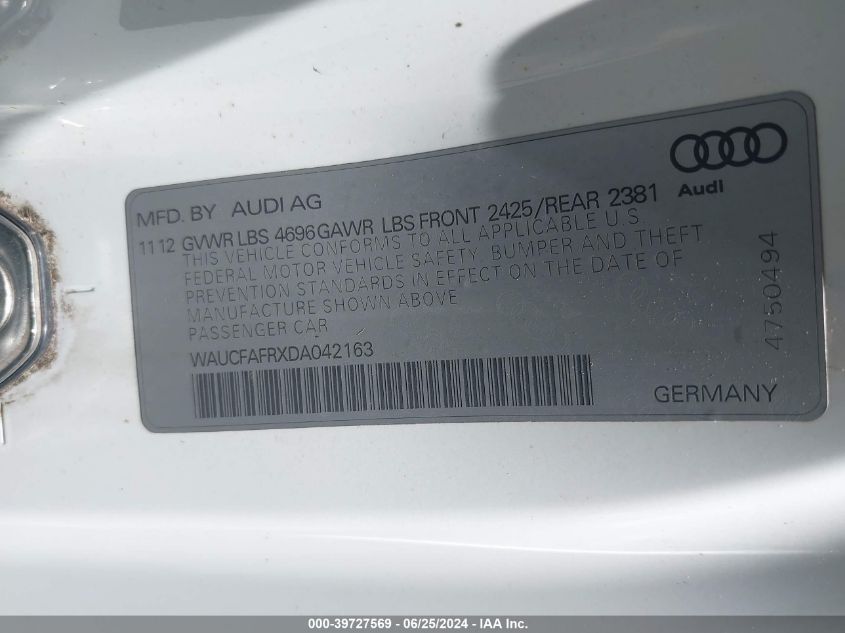 2013 Audi A5 2.0T Premium VIN: WAUCFAFRXDA042163 Lot: 39727569