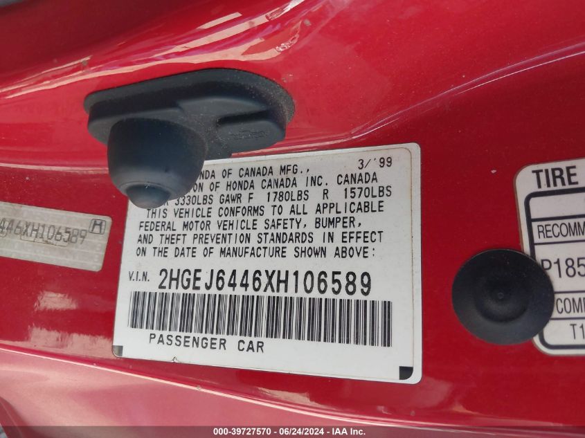1999 Honda Civic Dx VIN: 2HGEJ6446XH106589 Lot: 39727570