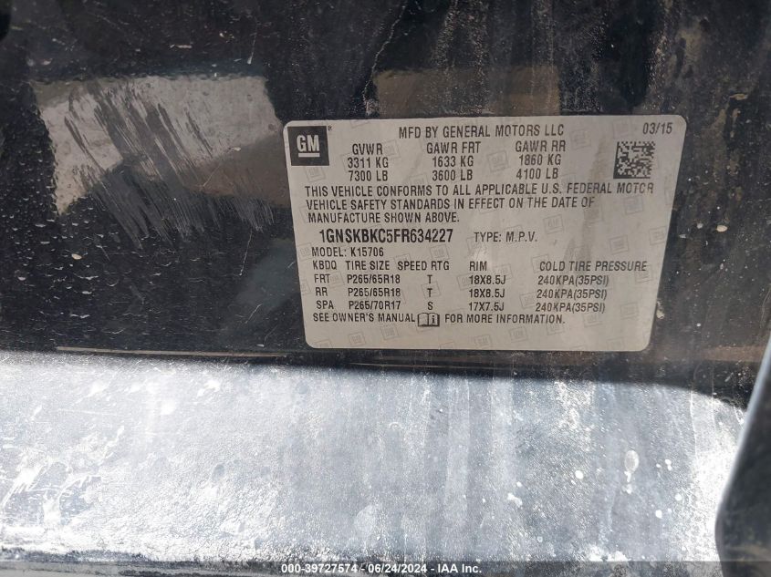 2015 Chevrolet Tahoe Lt VIN: 1GNSKBKC5FR634227 Lot: 39727574