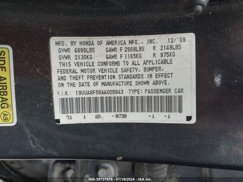 2010 Acura Tl 3.5 VIN: 19UUA8F58AA008943 Lot: 39727576