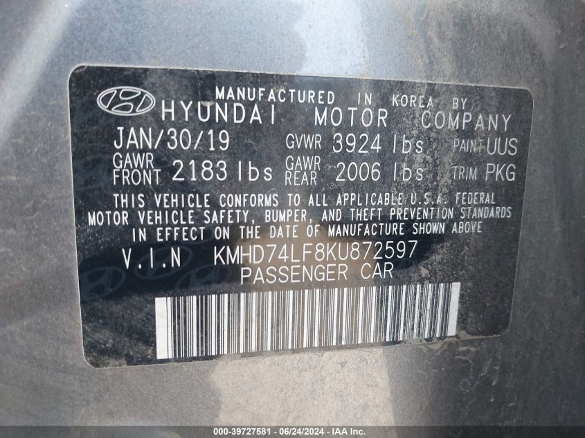 2019 Hyundai Elantra Se VIN: KMHD74LF8KU872597 Lot: 39727581