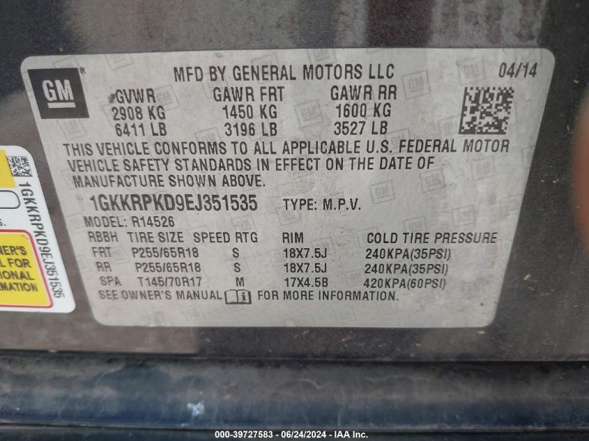 2014 GMC Acadia Sle-2 VIN: 1GKKRPKD9EJ351535 Lot: 39727583