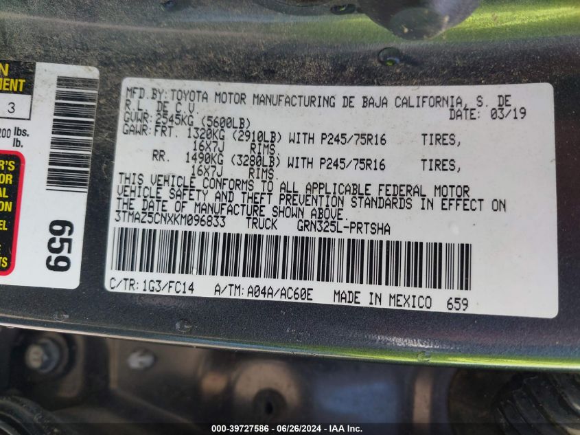 2019 Toyota Tacoma Double Cab/Sr5/Trd Sport/Trd Off Road VIN: 3TMAZ5CNXKM096833 Lot: 39727586