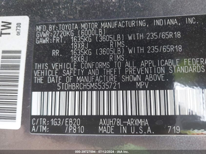 2021 Toyota Highlander Hybrid Xle VIN: 5TDHBRCH5MS535721 Lot: 39727594