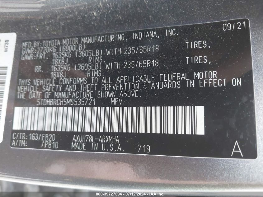 2021 Toyota Highlander Hybrid Xle VIN: 5TDHBRCH5MS535721 Lot: 39727594