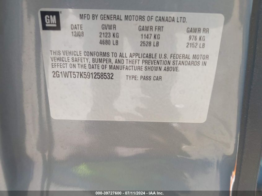 2009 Chevrolet Impala Lt VIN: 2G1WT57K591258532 Lot: 39727600