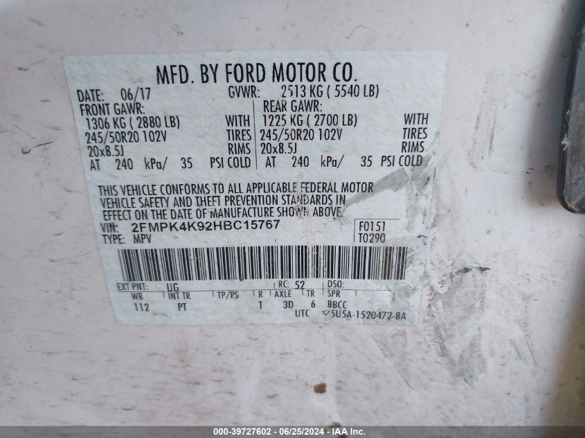 2017 Ford Edge Titanium VIN: 2FMPK4K92HBC15767 Lot: 39727602