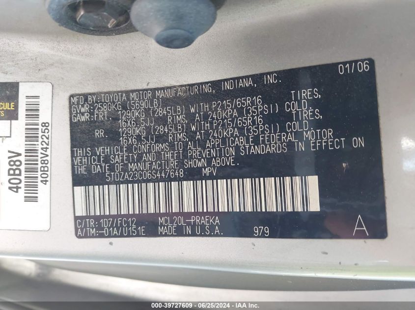 2006 Toyota Sienna Le VIN: 5TDZA23C06S447648 Lot: 39727609