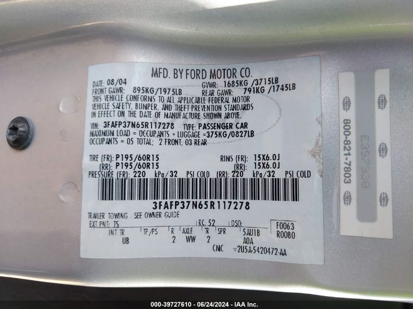 2005 Ford Focus Zx5 VIN: 3FAFP37N65R117278 Lot: 39727610