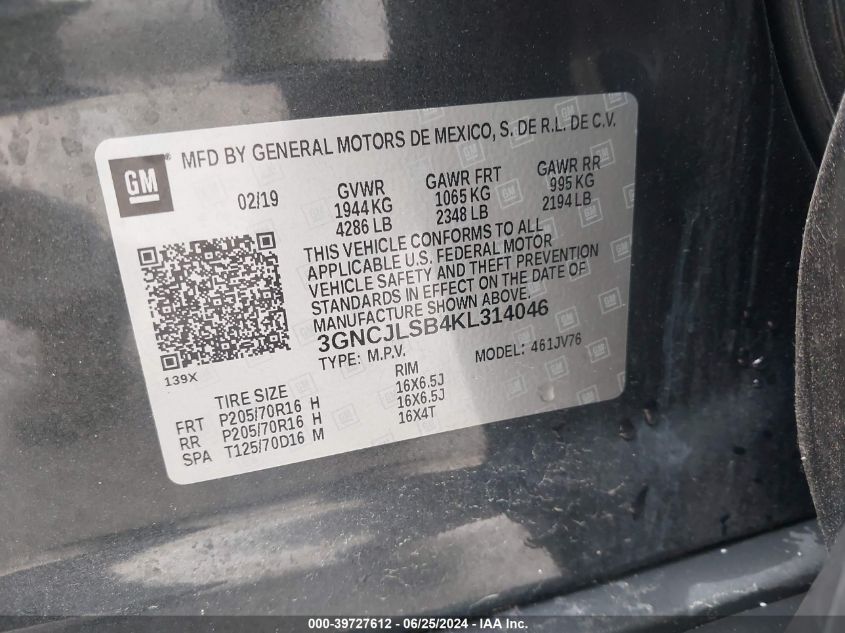 2019 Chevrolet Trax 1Lt VIN: 3GNCJLSB4KL314046 Lot: 39727612